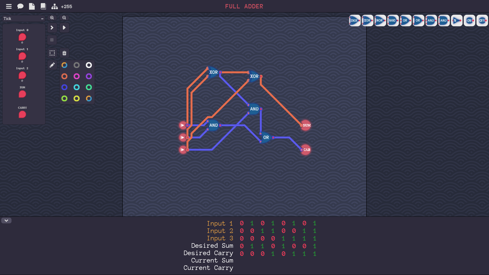 Turing Completeで全加算器を作ってみた図